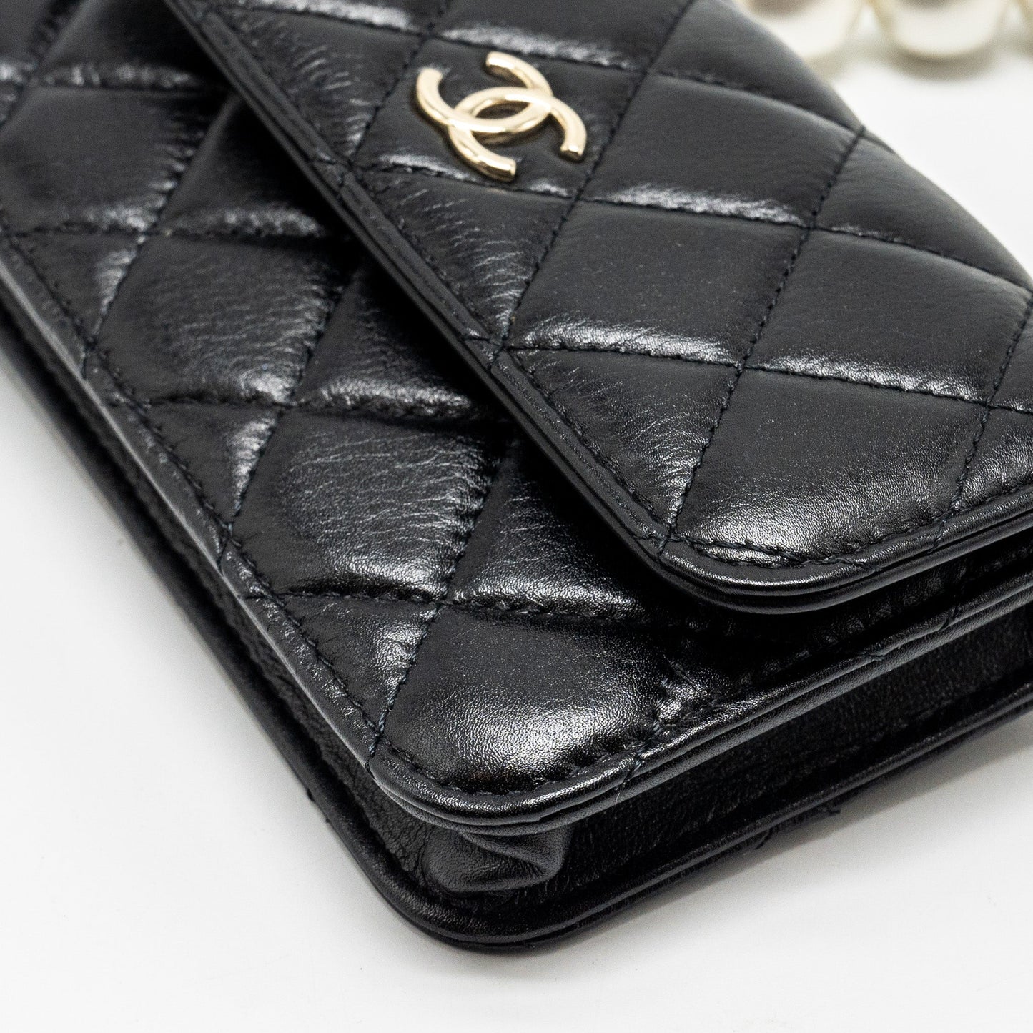 Chanel CC Logo Clutch with Giant Pearl Chain Lambskin Black L
