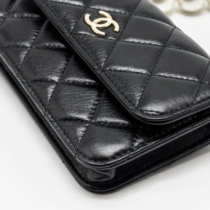 Chanel CC Logo Clutch with Giant Pearl Chain Lambskin Black L