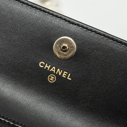 Chanel CC Logo Clutch with Giant Pearl Chain Lambskin Black L