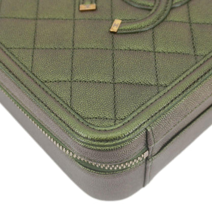 CHANEL Vanity Case Filigree CC Iridescent Quilted Caviar Leather Shoulder Bag Green