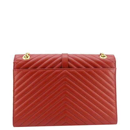 YVES SAINT LAURENT Large Envelope Chevron Quilted Leather Chain Shoulder Bag Red