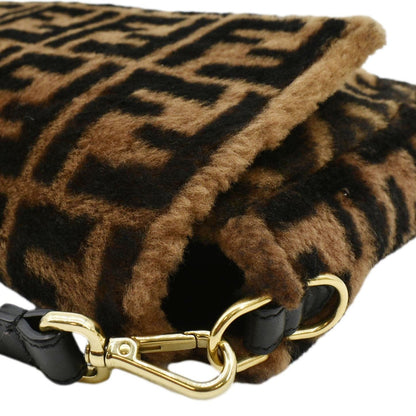 FENDI Baguette Medium FF Shearling Sheepskin Shoulder Bag Brown