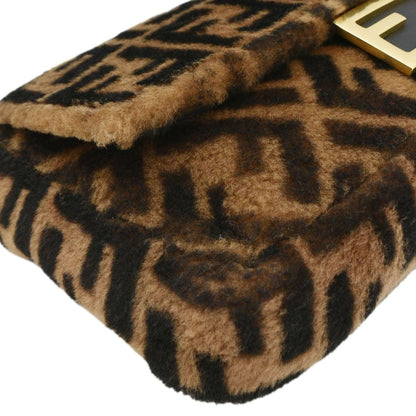 FENDI Baguette Medium FF Shearling Sheepskin Shoulder Bag Brown