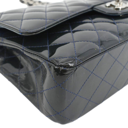 CHANEL Medium Double Flap Quilted Patent Leather Shoulder Bag Olive