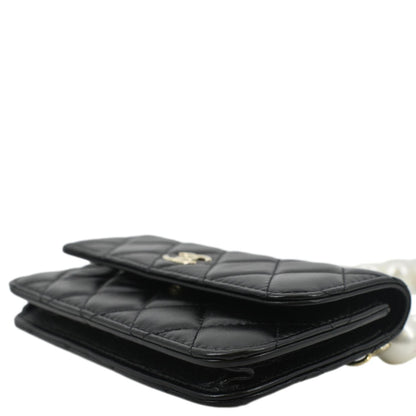 CHANEL Pearl Strap CC Mini Quilted Leather Wallet on Chain Shoulder Bag Black