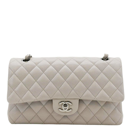 CHANEL Classic Double Flap Medium Quilted Caviar Leather Shoulder Bag White