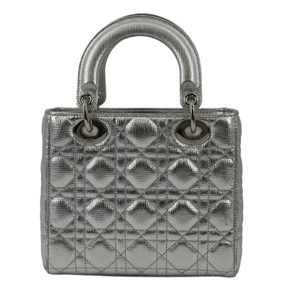 CHRISTIAN DIOR Lady Dior Lambskin Leather Shoulder Bag Metallic Silver