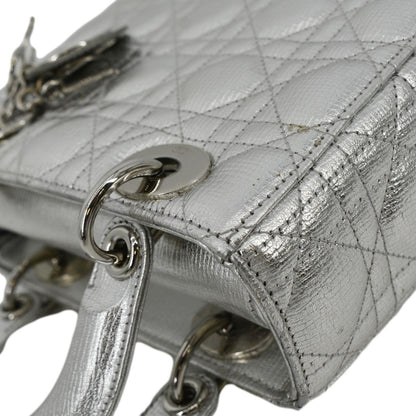 CHRISTIAN DIOR Lady Dior Lambskin Leather Shoulder Bag Metallic Silver