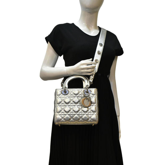 CHRISTIAN DIOR Lady Dior Lambskin Leather Shoulder Bag Metallic Silver