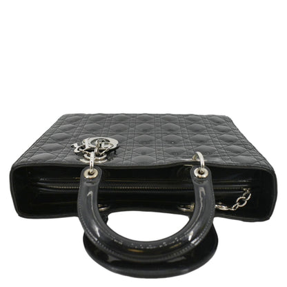CHRISTIAN DIOR Lady Dior Large Quilted Patent Leather Shoulder Bag Black