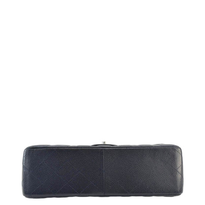 CHANEL Classic Jumbo Double Flap Quilted Caviar Leather Shoulder Bag Navy Blue