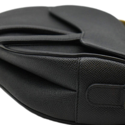 CHRISTIAN DIOR Saddle Grained Leather Satchel Shoulder Bag Black