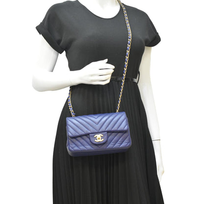 CHANEL CC Mini Rectangular Flap Chevron Leather Shoulder Bag Purple