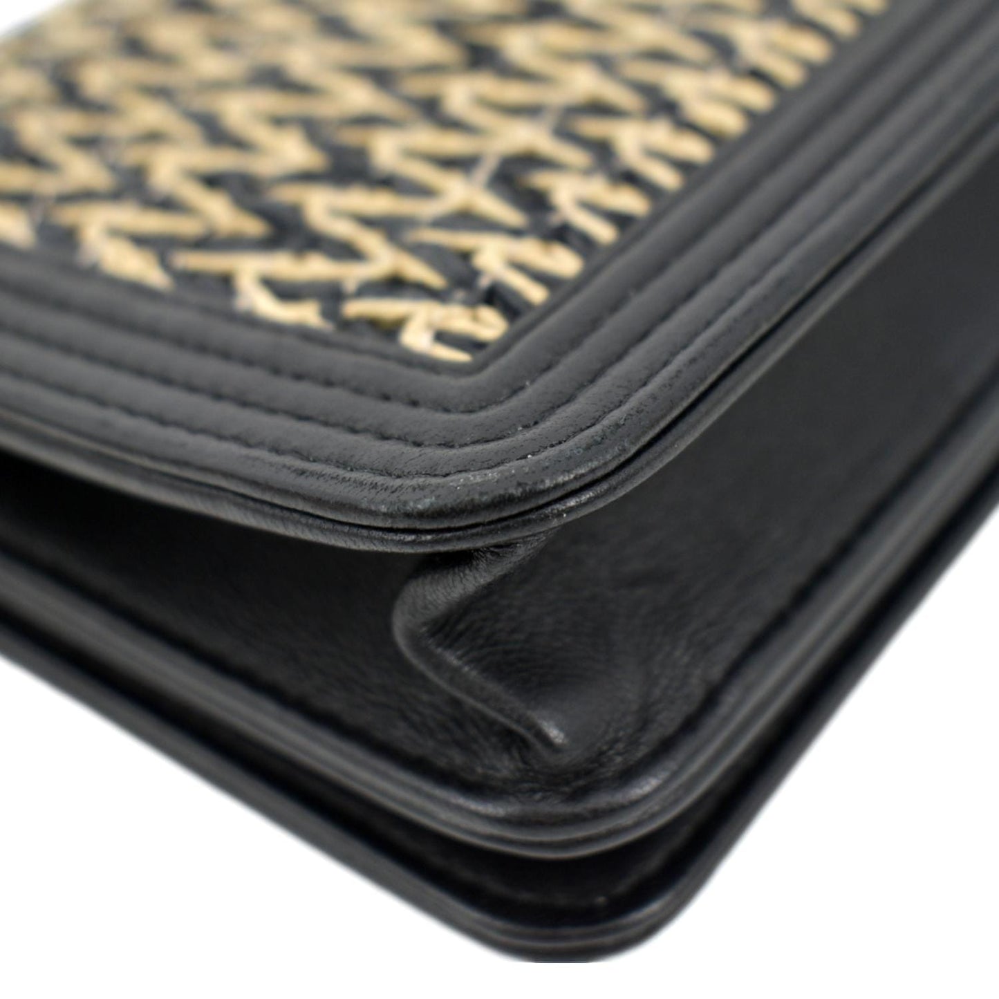 CHANEL Boy Flap Woven Raffia Leather Shoulder Bag Black