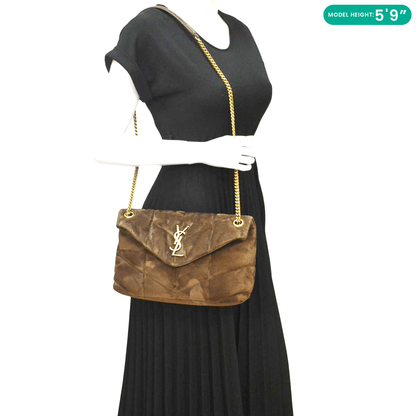 YVES SAINT LAURENT Loulou Puffer Quilted Suede Chain Shoulder Bag Brown