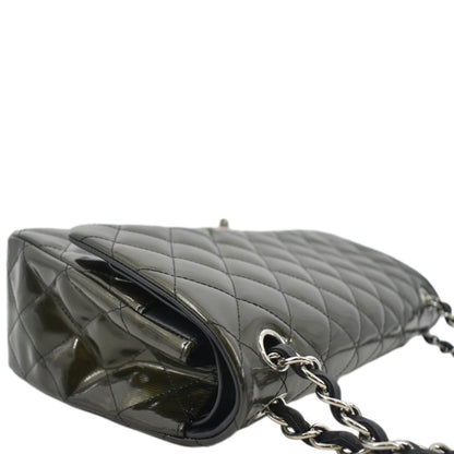 CHANEL Jumbo Flap Striated Quilted Patent Leather Shoulder Bag Green