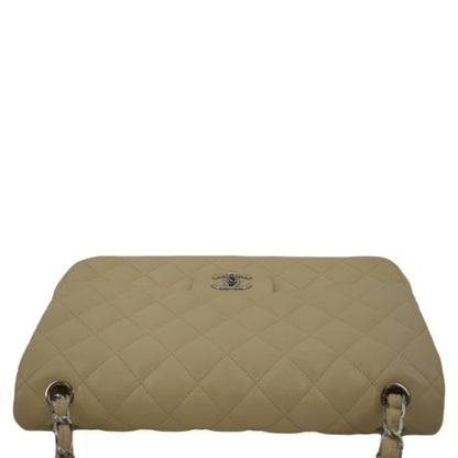CHANEL Classic Jumbo Double Flap Quilted Leather Shoulder Bag Beige