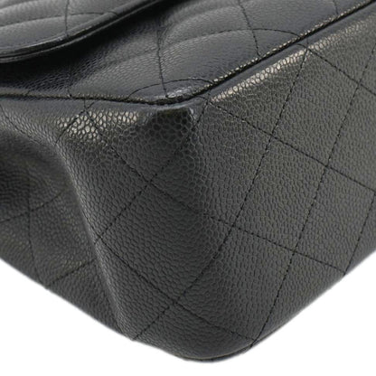 CHANEL Classic Jumbo Double Flap Quilted Caviar Leather Shoulder Bag Black