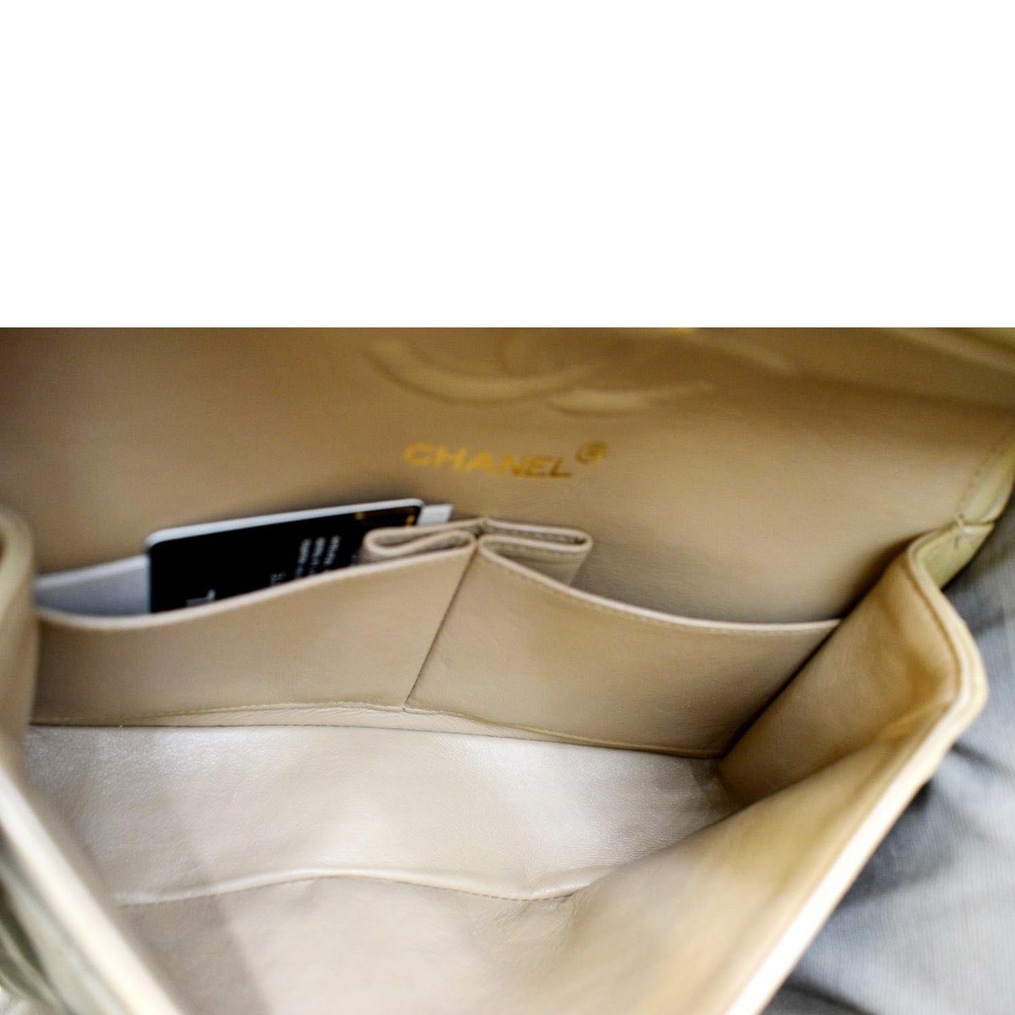 CHANEL Classic Double Flap Leather Shoulder Bag Beige