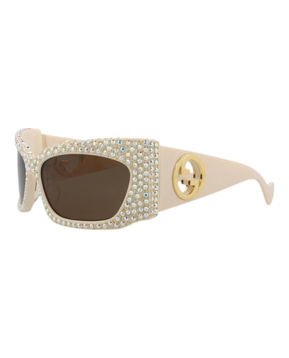 Gucci Womens Shield/Wrap Ivory Ivory Brown Fashion Designer Eyewear