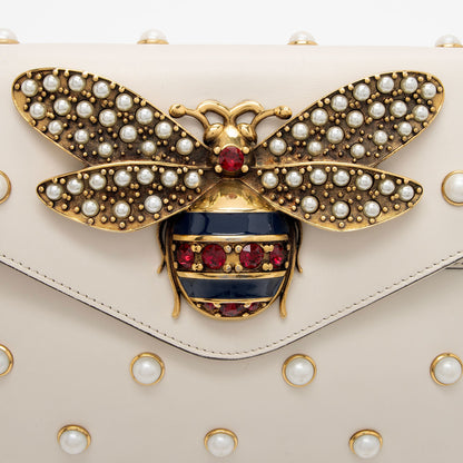 Gucci Calfskin Pearl Bee Broadway Mini Shoulder Bag (SHF-tRht4u)
