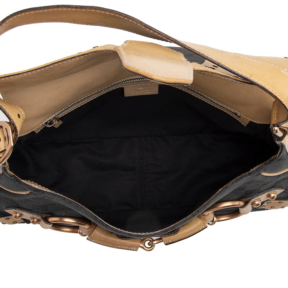 Gucci Canvas Leather Studded Horsebit Shoulder Bag (SHF-21925)