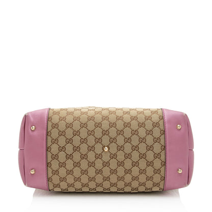 Gucci GG Canvas Metallic Leather Heart Bit Charm Medium Tote (SHF-5MJYxM)