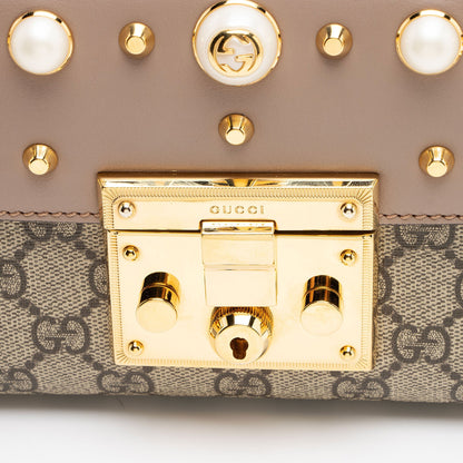 Gucci GG Supreme Pearl Stud Padlock Small Shoulder Bag