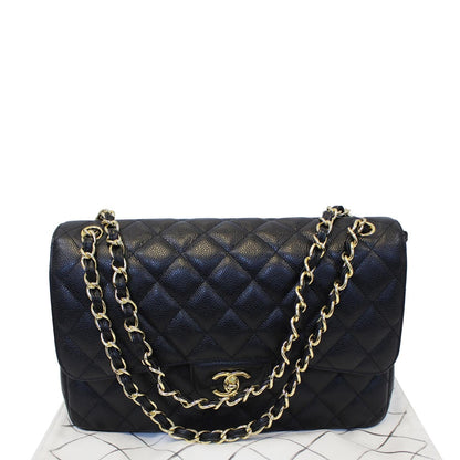 CHANEL Classic Jumbo Caviar Leather Double Flap Shoulder Bag Black