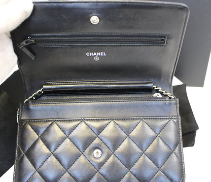CHANEL Black LambSkin Wallet On Chain WOC Clutch Crossbody Bag