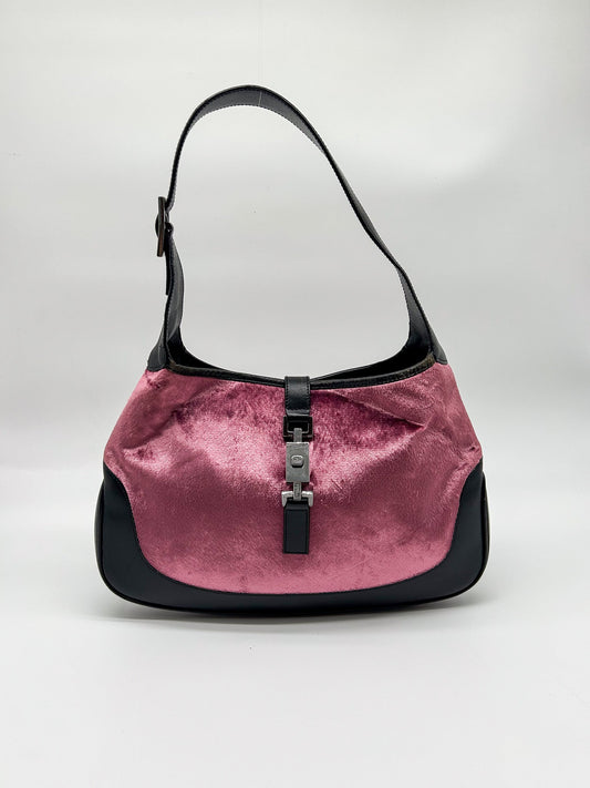 Gucci Jackie Pink Velvet and Black Leather Shoulder Bag
