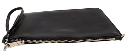 PRADA Black Leather Logo Plaque Wristlet Clutch Bag