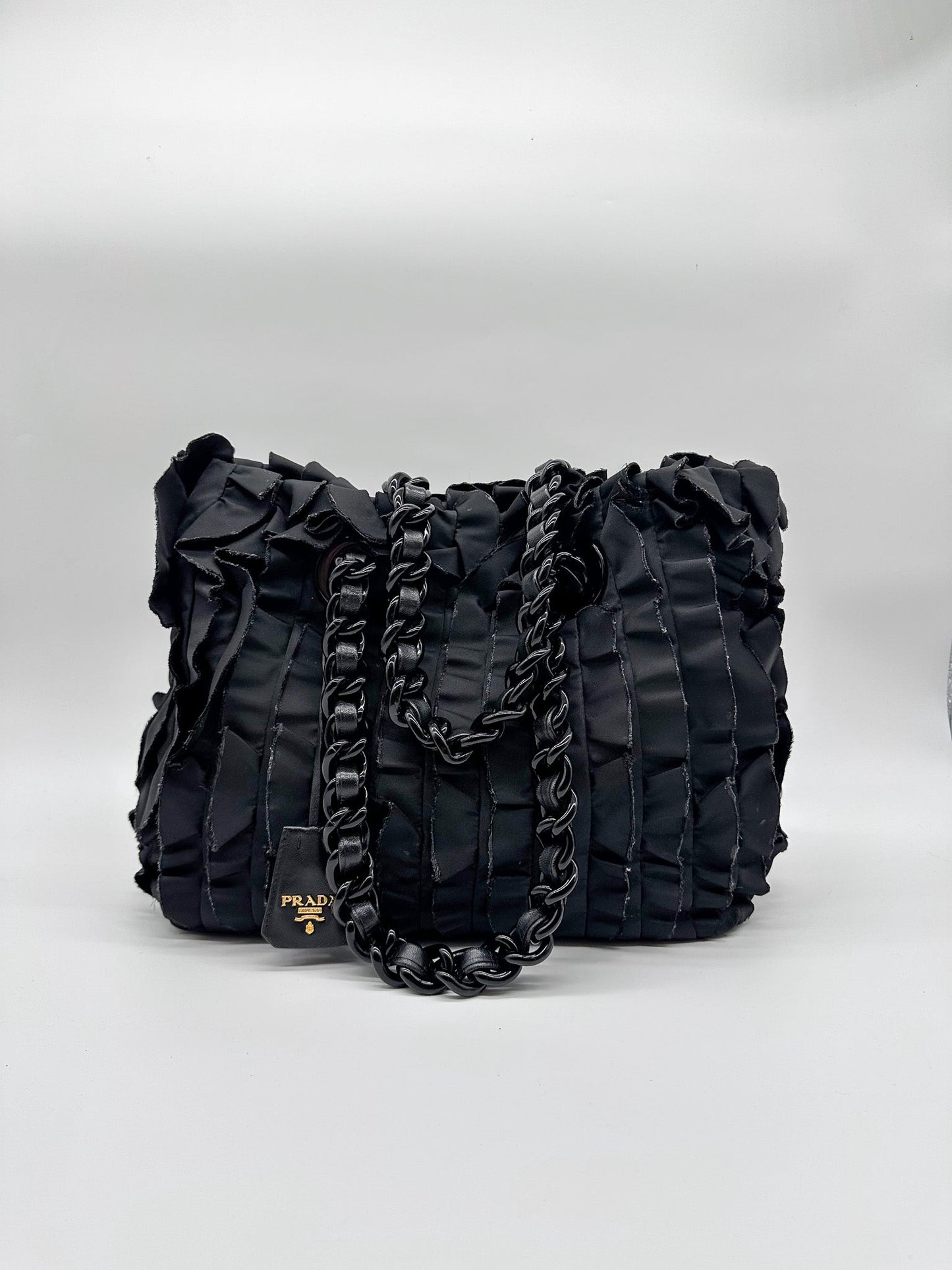 Prada Black Ruffled Tessuto Nylon Tote Bag