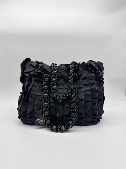 Prada Black Ruffled Tessuto Nylon Tote Bag