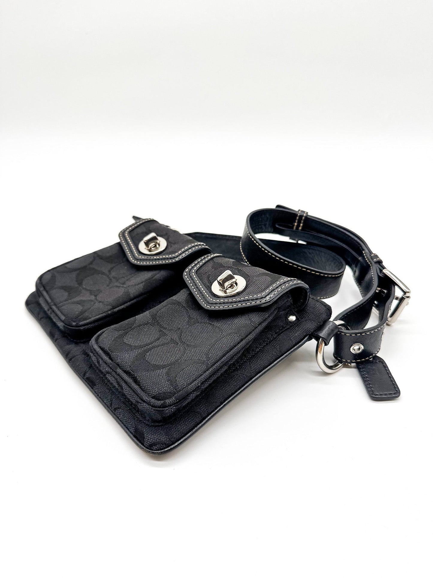 Coach Black Signature Jacquard Double Pocket Waist Bag