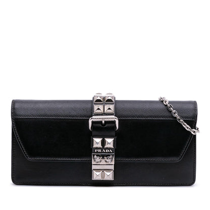 Prada City Calfskin and Saffiano Studded Elektra Clutch with Chain