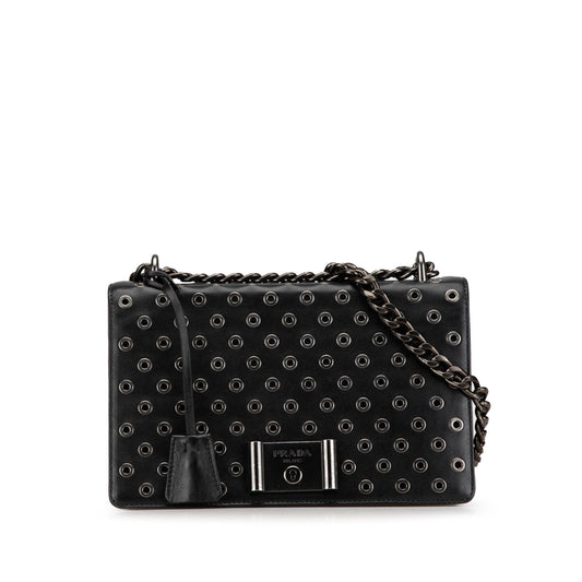 Prada Soft Calf Grommet Lock Flap Chain Shoulder Bag