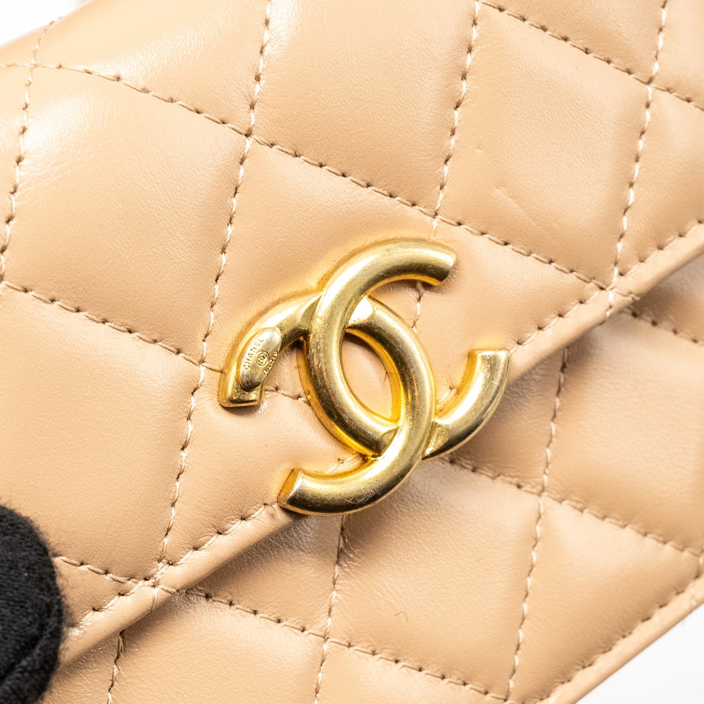 Chanel 21A Gold Crush Mini Flap Clutch with Adjustable Chain Calfskin Beige
