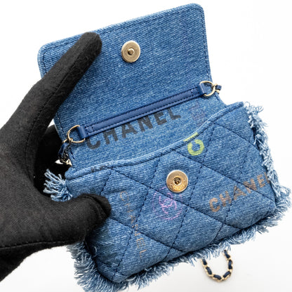 Chanel 22p Logo Printed Mini Clutch With Chain Denim Blue/Multicolour L