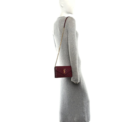 Calfskin Matelasse Chevron Monogram Envelope Chain Wallet Rouge Merlot