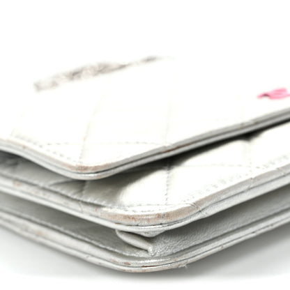 Metallic Lambskin Quilted Wallet On Chain WOC Silver