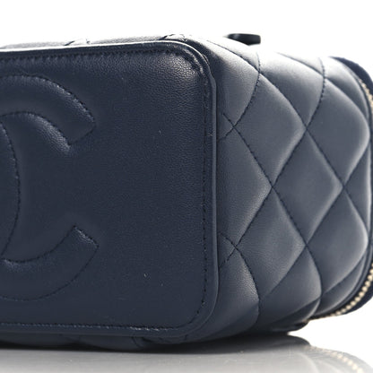 Lambskin Quilted Metal Small Top Handle Vanity Case With Chain Blue