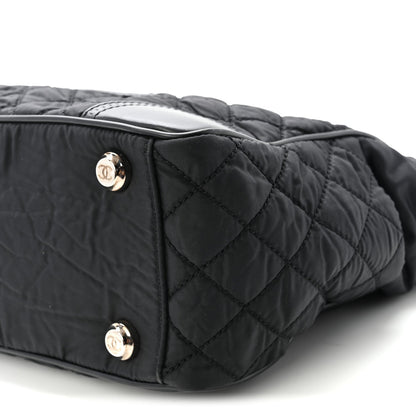Nylon Calfskin Quilted CC Paris New York Tote Bag Black