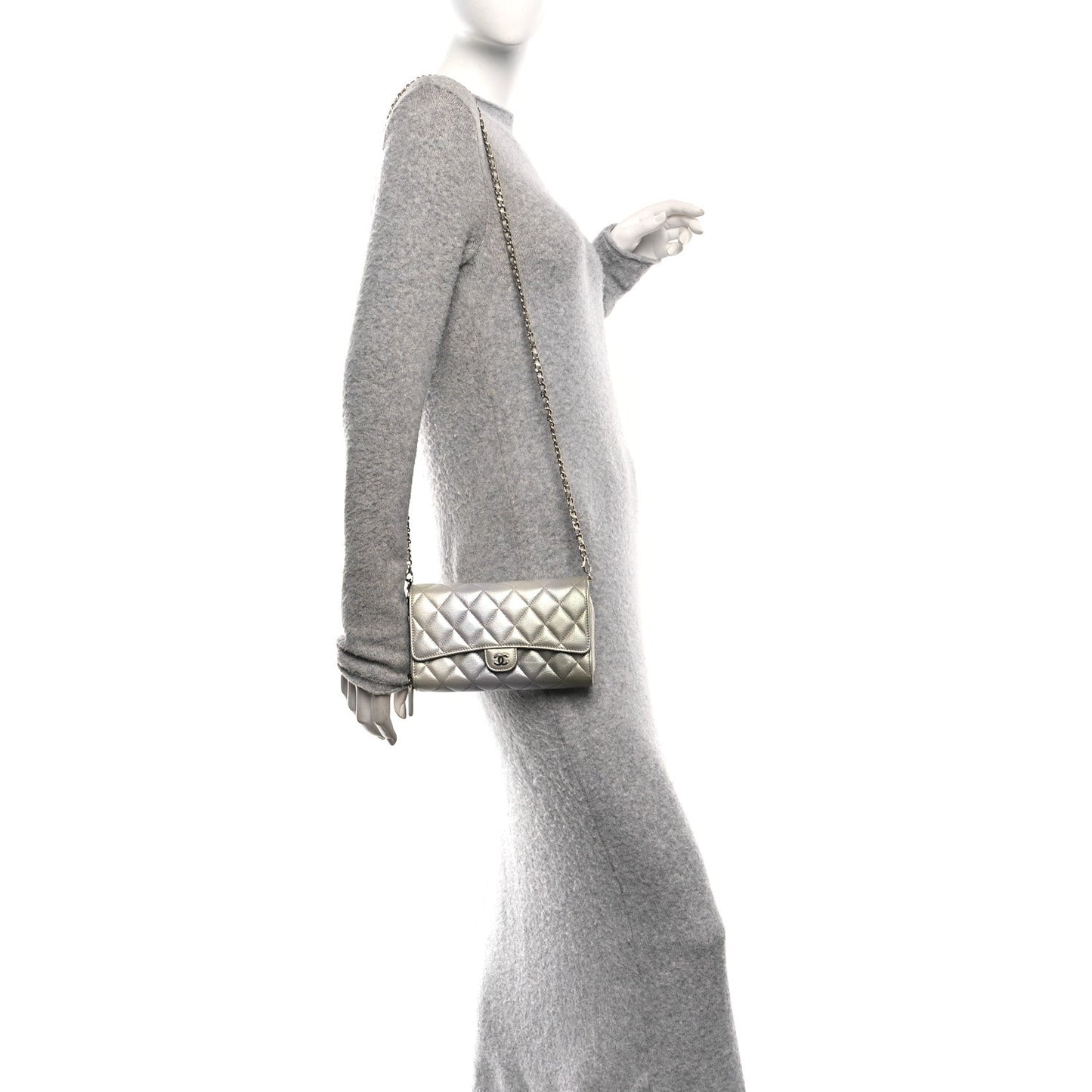 Metallic Goatskin Quilted Ombre Phone Holder Wallet on Removable Chain Grey Green