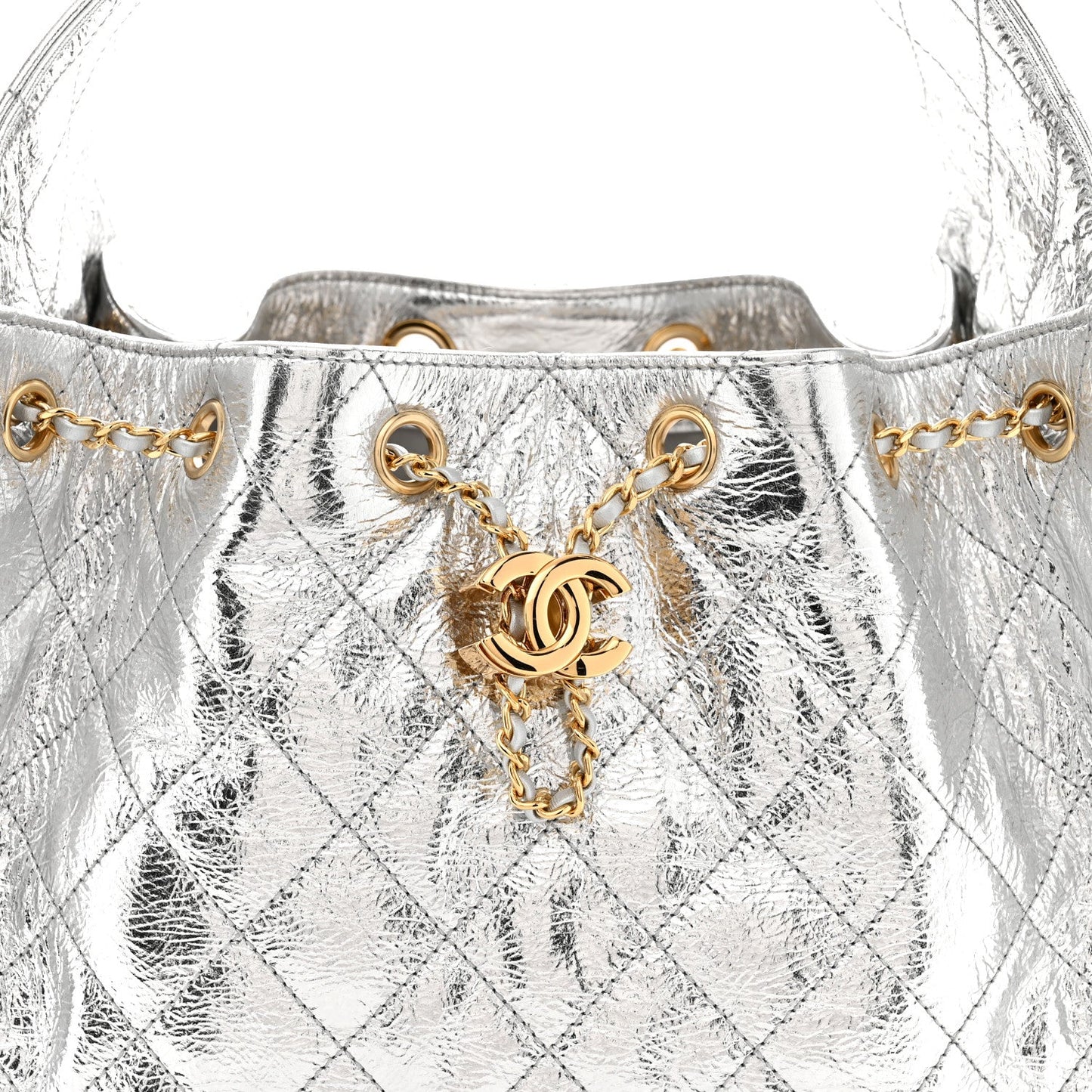 Metallic Crumpled Calfskin Quilted Small Chanel 25 Handbag Silvery