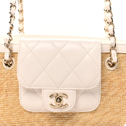 Raffia Braided Lambskin Small Shopping Tote Beige White