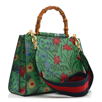 Calfskin Bamboo Web New Flora Small Nymphaea Top Handle Bag Green