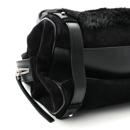 Fur Calfskin Suede Top Handle East West Tote Bag Black