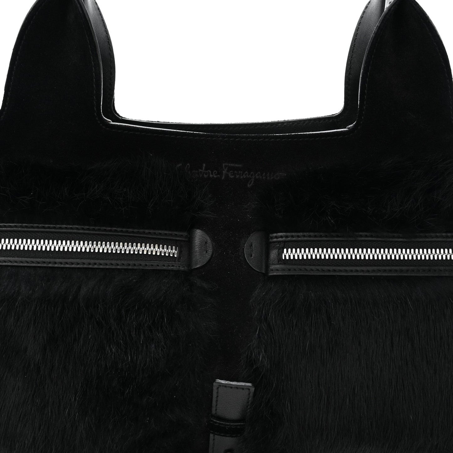 Fur Calfskin Suede Top Handle East West Tote Bag Black