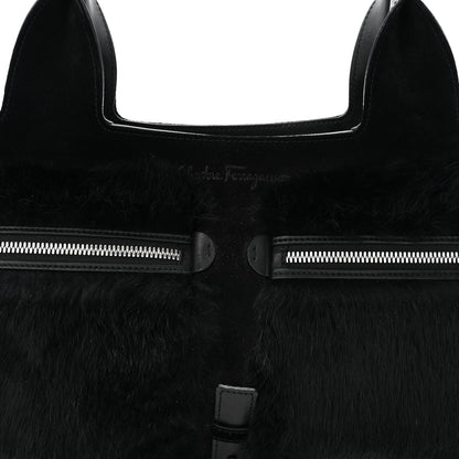 Fur Calfskin Suede Top Handle East West Tote Bag Black